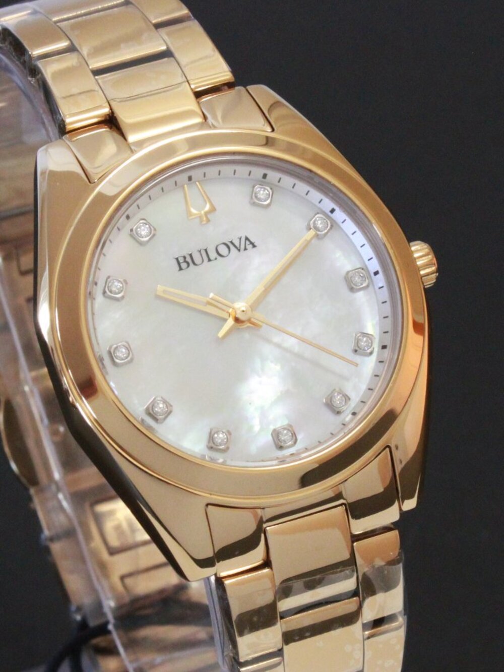 Bulova Ladies Surveyor Quartz Watch Diamond Indices MOP Dial Gold Tone 31mm
